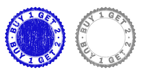 Grunge BUY 1 GET 2 stamp seals isolated on a white background. Rosette seals with grunge texture in blue and grey colors. Vector rubber imprint of BUY 1 GET 2 label inside round rosette.