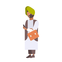 indian businessman using smartphone holding briefcase man wearing traditional clothes turban male cartoon character full length flat isolated