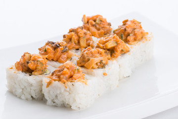 Japanese food restaurant, sushi maki gunkan roll plate or platter set. Sushi set and composition
