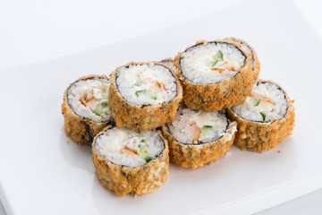 Japanese food restaurant, sushi maki gunkan roll plate or platter set. Sushi set and composition