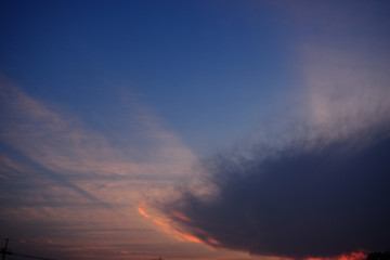 Cumulus cloud with sunbeam on beautiful blue sky at sunset , The horizon becomes orange and gold color at night , Fluffy clouds formations at tropical zone , Thailand