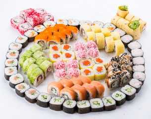 Japanese food restaurant, sushi maki gunkan roll plate or platter set. Sushi set and composition
