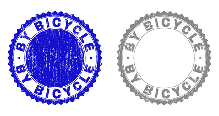 Grunge BY BICYCLE stamp seals isolated on a white background. Rosette seals with grunge texture in blue and grey colors. Vector rubber imprint of BY BICYCLE text inside round rosette.