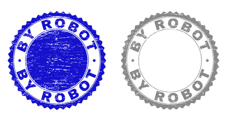 Grunge BY ROBOT stamp seals isolated on a white background. Rosette seals with distress texture in blue and gray colors. Vector rubber imprint of BY ROBOT label inside round rosette.