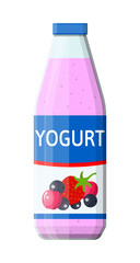 Plastic container with drinking yogurt. Strawberry black currant cherry yogurt dessert. Food plastic glass. Milk product. Organic healthy product. Vector illustration in flat style