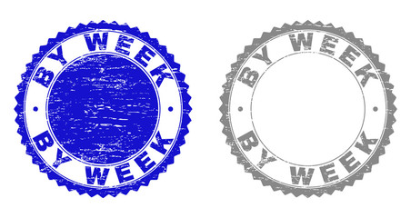 Obraz premium Grunge BY WEEK stamp seals isolated on a white background. Rosette seals with grunge texture in blue and grey colors. Vector rubber overlay of BY WEEK title inside round rosette.
