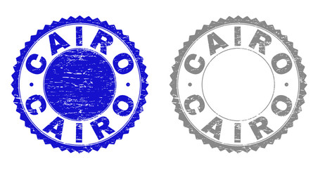 Grunge CAIRO stamp seals isolated on a white background. Rosette seals with distress texture in blue and gray colors. Vector rubber imprint of CAIRO text inside round rosette.