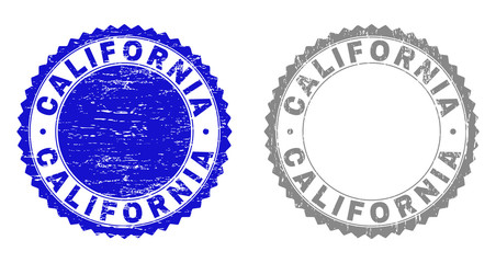 Grunge CALIFORNIA stamp seals isolated on a white background. Rosette seals with distress texture in blue and grey colors. Vector rubber imitation of CALIFORNIA title inside round rosette.