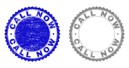 Grunge CALL NOW stamp seals isolated on a white background. Rosette seals with grunge texture in blue and gray colors. Vector rubber watermark of CALL NOW title inside round rosette.