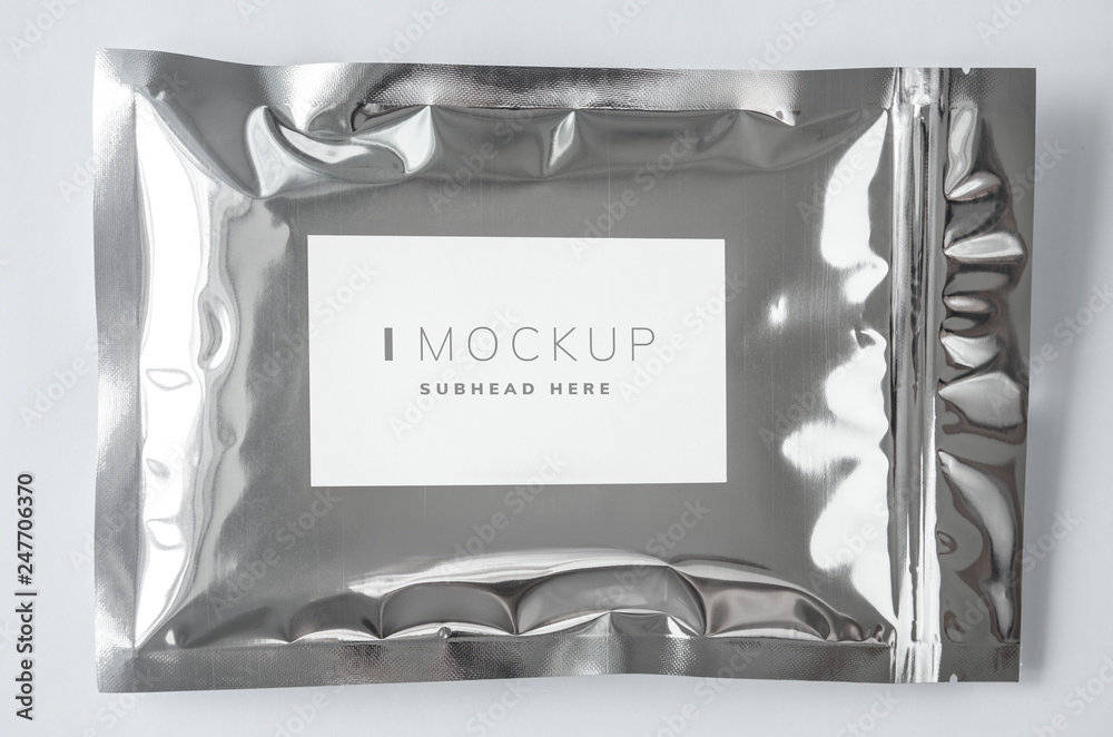 Wall mural resealable metallic packaging bag mockup