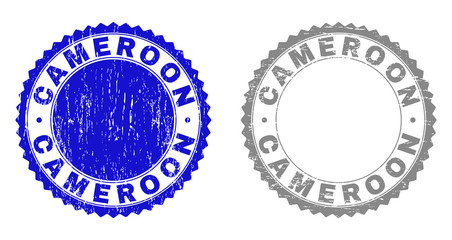 Grunge CAMEROON stamp seals isolated on a white background. Rosette seals with grunge texture in blue and gray colors. Vector rubber imprint of CAMEROON text inside round rosette.