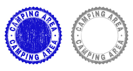 Grunge CAMPING AREA stamp seals isolated on a white background. Rosette seals with grunge texture in blue and grey colors. Vector rubber overlay of CAMPING AREA title inside round rosette.