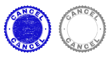 Grunge CANCEL stamp seals isolated on a white background. Rosette seals with grunge texture in blue and grey colors. Vector rubber overlay of CANCEL label inside round rosette.