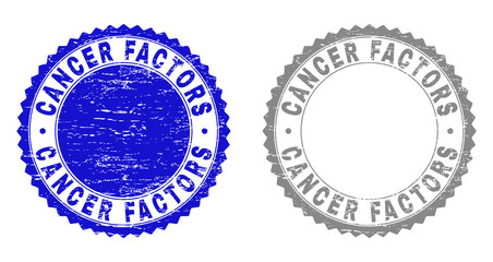 Grunge CANCER FACTORS stamp seals isolated on a white background. Rosette seals with grunge texture in blue and gray colors. Vector rubber imprint of CANCER FACTORS tag inside round rosette.