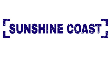 SUNSHINE COAST text seal print with distress texture. Text label is placed between corners. Blue vector rubber print of SUNSHINE COAST with dirty texture.