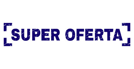 SUPER OFERTA text seal print with corroded texture. Text title is placed between corners. Blue vector rubber print of SUPER OFERTA with dust texture.