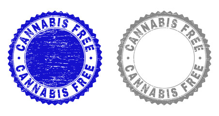 Grunge CANNABIS FREE stamp seals isolated on a white background. Rosette seals with distress texture in blue and grey colors. Vector rubber watermark of CANNABIS FREE text inside round rosette.