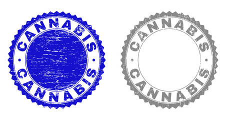 Obraz premium Grunge CANNABIS stamp seals isolated on a white background. Rosette seals with grunge texture in blue and grey colors. Vector rubber watermark of CANNABIS text inside round rosette.