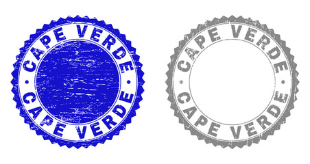 Grunge CAPE VERDE stamp seals isolated on a white background. Rosette seals with grunge texture in blue and grey colors. Vector rubber imprint of CAPE VERDE text inside round rosette.