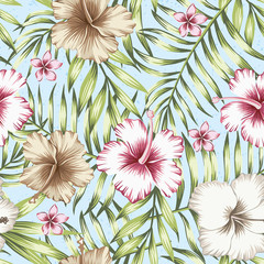 Green tropical leaves and pink hibiscus seamless white background