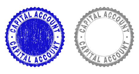 Grunge CAPITAL ACCOUNT stamp seals isolated on a white background. Rosette seals with grunge texture in blue and grey colors. Vector rubber imprint of CAPITAL ACCOUNT caption inside round rosette.