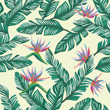 Seamless composition tropical banana leaves and flowers