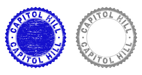 Grunge CAPITOL HILL stamp seals isolated on a white background. Rosette seals with grunge texture in blue and gray colors. Vector rubber imitation of CAPITOL HILL caption inside round rosette.