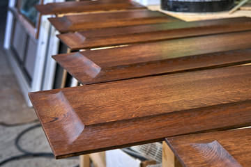Wood panels for entrance door. Wood door manufacturing process. Furniture manufacture.