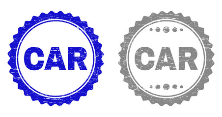 Grunge CAR stamp seals isolated on a white background. Rosette seals with distress texture in blue and gray colors. Vector rubber imprint of CAR text inside round rosette.