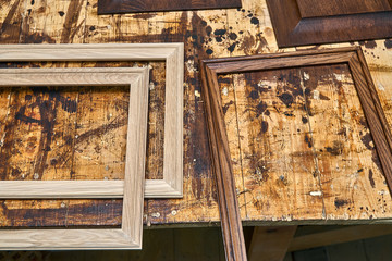 Wood panels and moldings for entrance door. Wood door manufacturing process. Furniture manufacture.