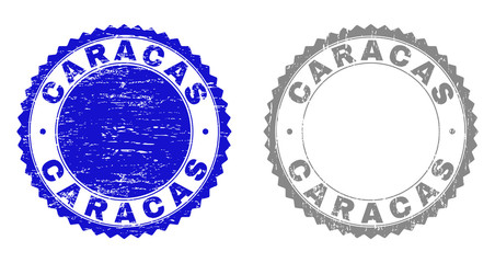 Grunge CARACAS stamp seals isolated on a white background. Rosette seals with grunge texture in blue and grey colors. Vector rubber imprint of CARACAS label inside round rosette.