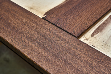 Wood door manufacturing process. Door leaf, painted in dark color. Furniture manufacture.