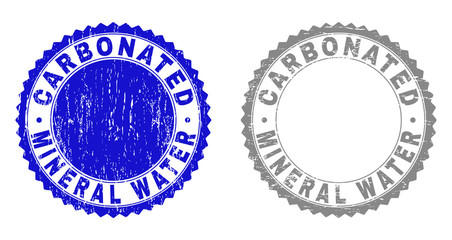 Grunge CARBONATED MINERAL WATER stamp seals isolated on a white background. Rosette seals with grunge texture in blue and grey colors.