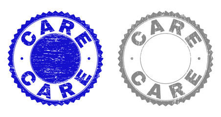 Grunge CARE stamp seals isolated on a white background. Rosette seals with grunge texture in blue and grey colors. Vector rubber watermark of CARE tag inside round rosette.