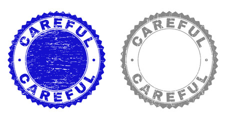 Grunge CAREFUL stamp seals isolated on a white background. Rosette seals with grunge texture in blue and grey colors. Vector rubber overlay of CAREFUL label inside round rosette.