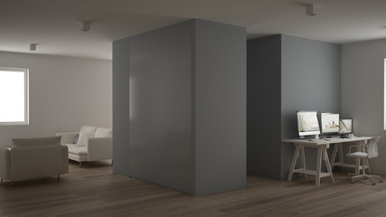 Small apartment, one-room with parquet floor, home workplace with corner desk in white living room, office in minimalist style, modern architecture interior design concept