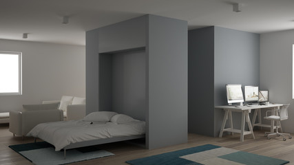 Small apartment, one-room with parquet floor, home workplace with desk in white living room, Murphy bed, office in minimalist style, modern architecture interior design concept