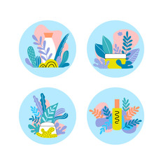 Set of round design with cosmetic packages, leaves, plants. Hand drawn elements for organic cosmetics, natural skin care products, cosmetology. Flat style. Beauty supplies.