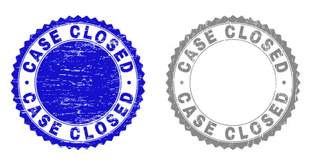 Fototapeta na wymiar Grunge CASE CLOSED stamp seals isolated on a white background. Rosette seals with grunge texture in blue and grey colors. Vector rubber watermark of CASE CLOSED text inside round rosette.