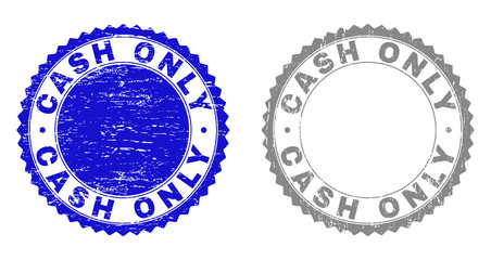 Grunge CASH ONLY stamp seals isolated on a white background. Rosette seals with grunge texture in blue and grey colors. Vector rubber watermark of CASH ONLY caption inside round rosette.