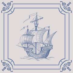 Old caravel. Ship on the Blue Dutch tile. Imitation. Frigate, vintage sailboat, Sailing vessel , glazed porcelain ceramic.