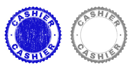Grunge CASHIER stamp seals isolated on a white background. Rosette seals with grunge texture in blue and gray colors. Vector rubber overlay of CASHIER title inside round rosette.