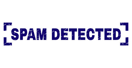 SPAM DETECTED label seal print with distress texture. Text tag is placed inside corners. Blue vector rubber print of SPAM DETECTED with grunge texture.