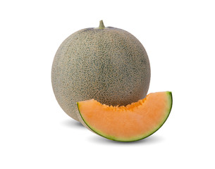 slice of japanese melons, orange melon or cantaloupe melon with seeds isolated on white background