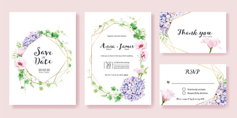Wedding Invitation, save the date, thank you, rsvp card Design template.Greenery Ivy, Pink Lisianthus, Hydrangea flower. Watercolor style. Vector