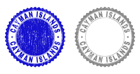 Grunge CAYMAN ISLANDS stamp seals isolated on a white background. Rosette seals with grunge texture in blue and grey colors. Vector rubber overlay of CAYMAN ISLANDS label inside round rosette.