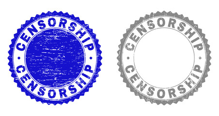 Grunge CENSORSHIP stamp seals isolated on a white background. Rosette seals with grunge texture in blue and gray colors. Vector rubber overlay of CENSORSHIP label inside round rosette.