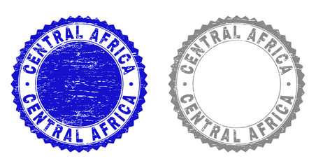 Grunge CENTRAL AFRICA stamp seals isolated on a white background. Rosette seals with grunge texture in blue and grey colors. Vector rubber overlay of CENTRAL AFRICA caption inside round rosette.