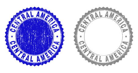 Grunge CENTRAL AMERICA stamp seals isolated on a white background. Rosette seals with grunge texture in blue and gray colors. Vector rubber overlay of CENTRAL AMERICA tag inside round rosette.