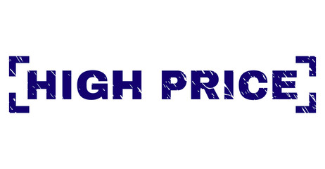 HIGH PRICE tag seal print with distress texture. Text caption is placed inside corners. Blue vector rubber print of HIGH PRICE with dirty texture.